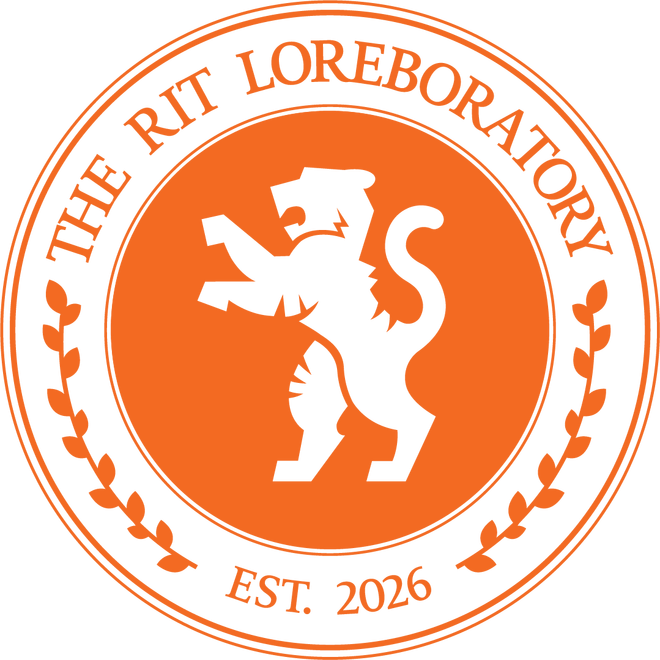 Orange circular emblem with a white stylized tiger in the center, surrounded by text "THE RIT LOREBORATORY" and a laurel wreath, with "EST. 2026" at the bottom.
